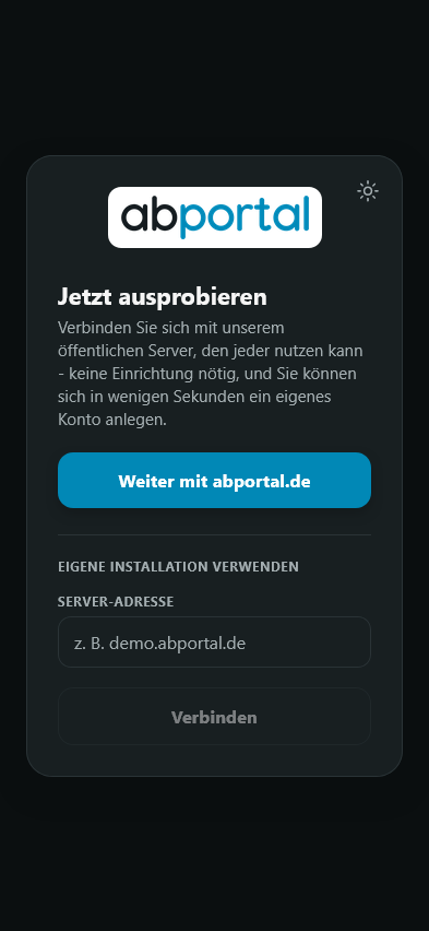 Screenshot des Verbindungsbildschirms der ABPortal-App im Dark Mode