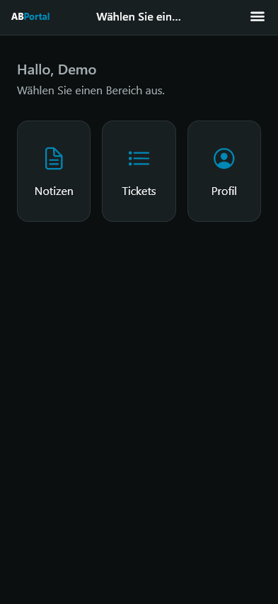 Screenshot des Dashboards der ABPortal-App im Dark Mode