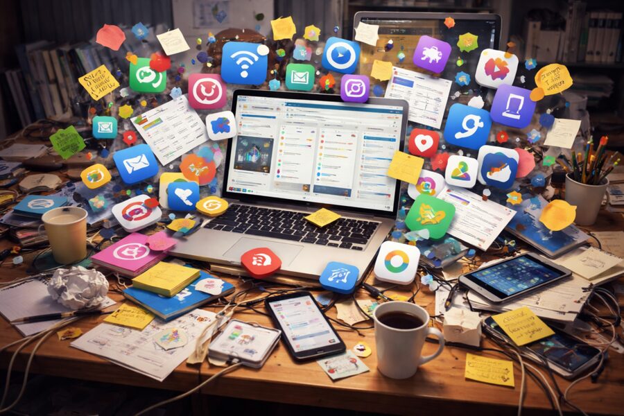 Symbolbild: Schreibtisch voller Zettel, Kaffeetassen und schwebender App-Icons als Sinnbild für über viele Tools verteilte Unternehmensdaten