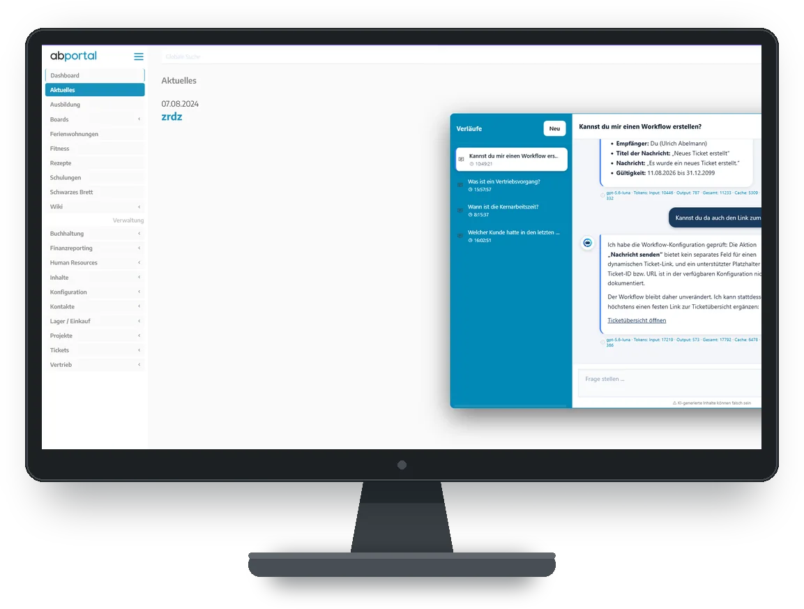 Screenshot des im ABPortal integrierten KI-Chats mit Verlaufsübersicht, der die Konfiguration eines Workflows prüft und dabei Tokenverbrauch und Modell anzeigt