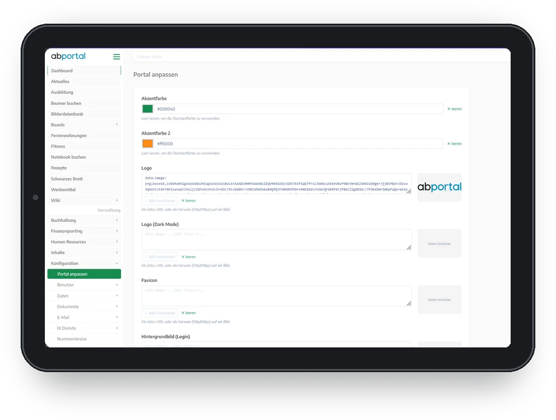Screenshot der Portal-Anpassung mit eigenen Akzentfarben, Logo, separatem Dark-Mode-Logo und Favicon