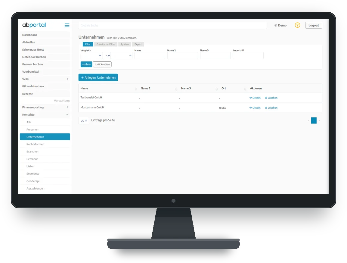 Screenshot der Unternehmensliste im CRM-Modul mit Filterleiste und Suchergebnissen