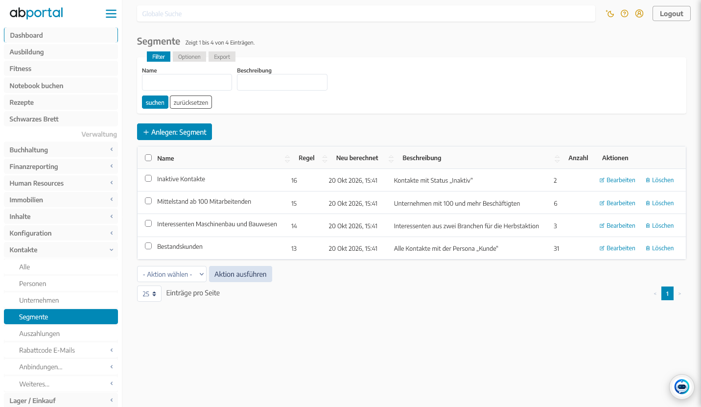 Übersicht der Kundensegmente im CRM von ABPortal mit Regel, letzter Berechnung, Beschreibung und Anzahl der Kontakte