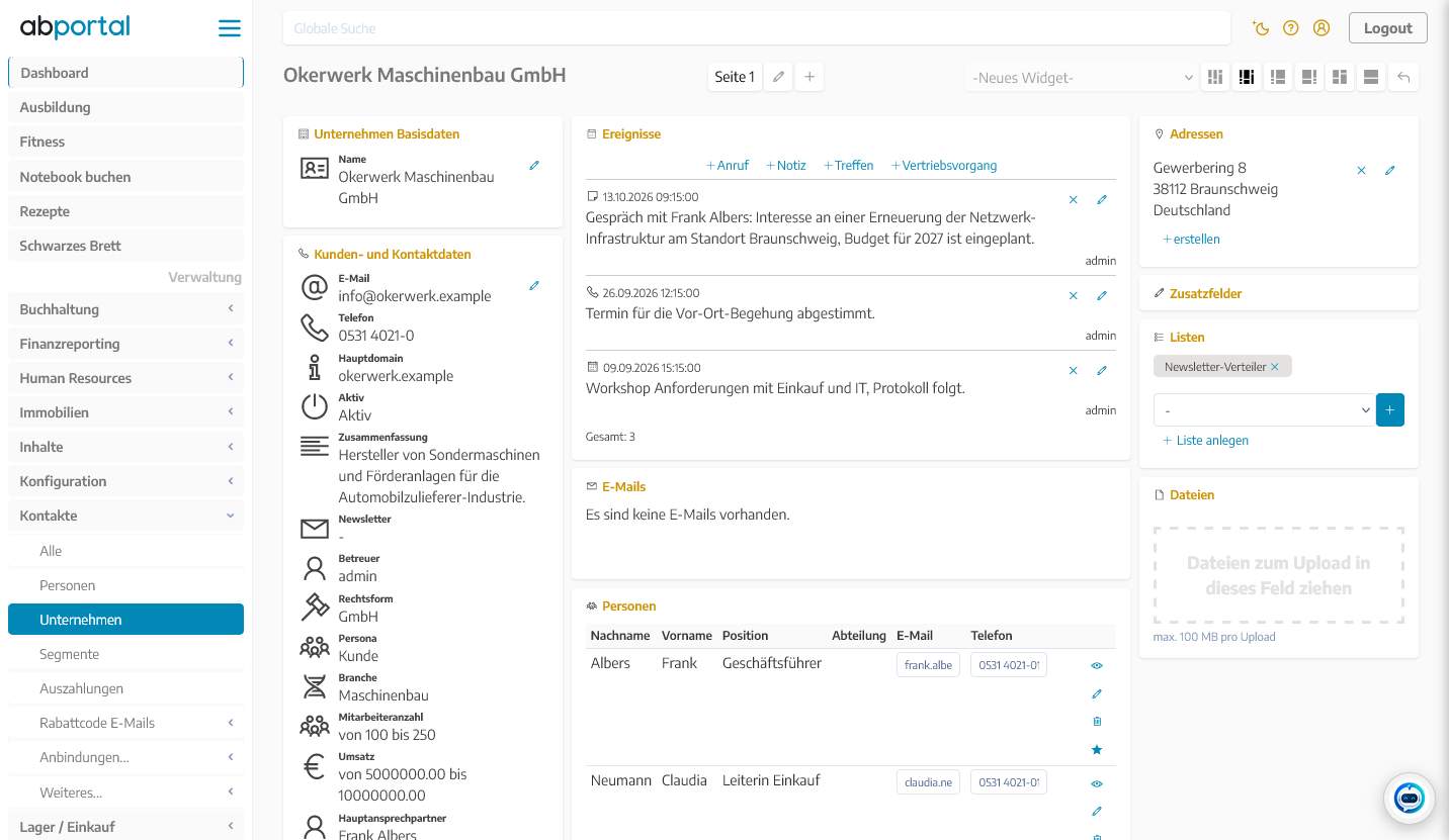 Seite eines Unternehmens im CRM von ABPortal mit Kunden- und Kontaktdaten, Ereignisverlauf, Adresse, Listen und Personen