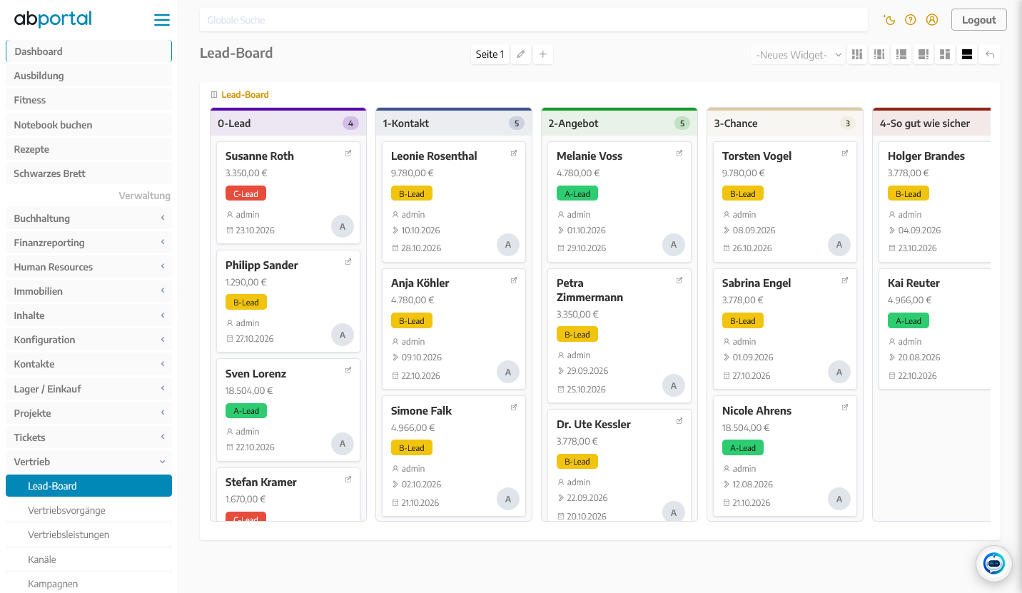 Lead-Board im CRM von ABPortal mit Spalten je Vertriebsstatus und Karten für die Vertriebsvorgänge