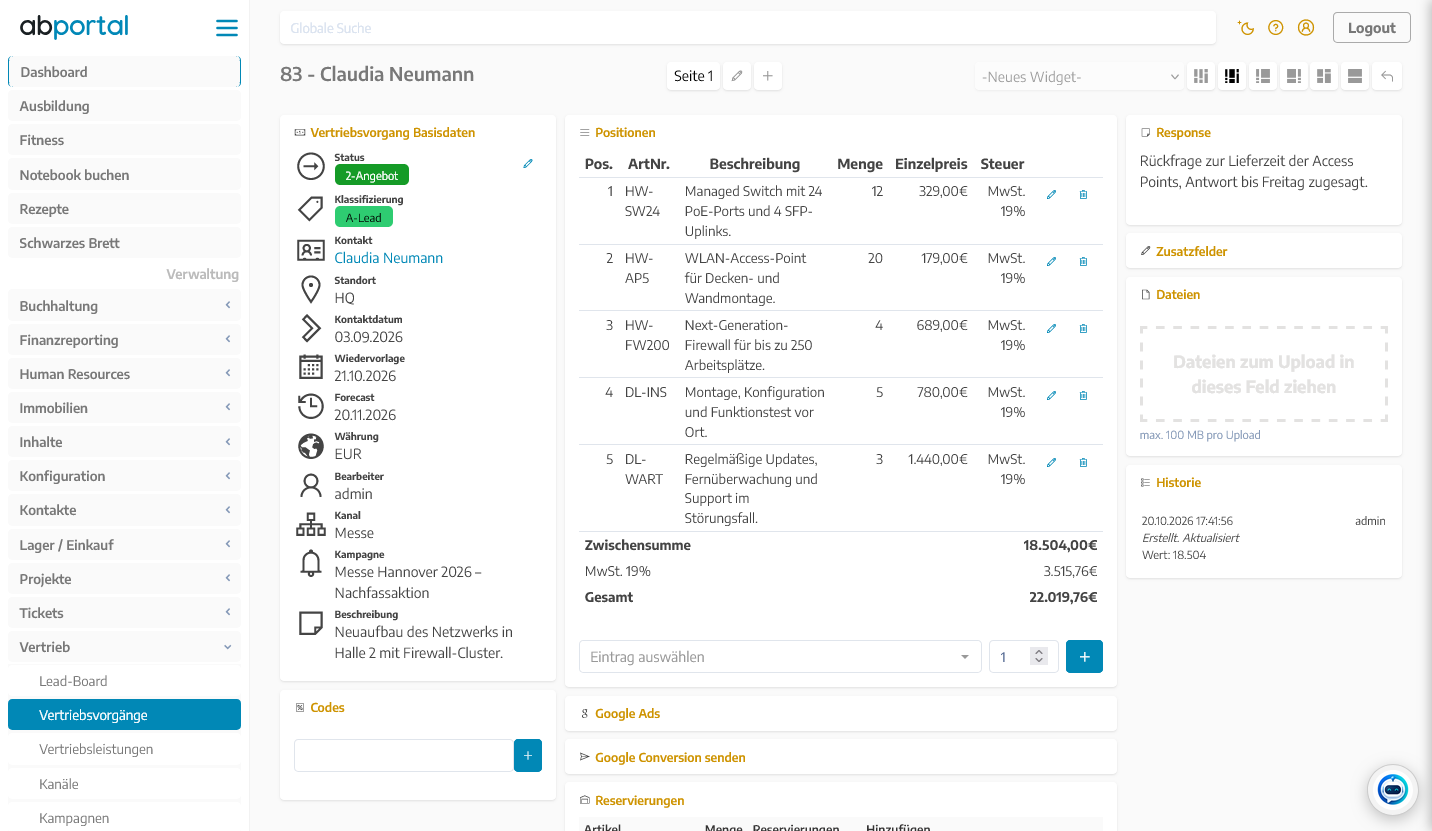 Seite eines Vertriebsvorgangs im CRM von ABPortal mit Status, Positionen aus dem Leistungskatalog, Preisen und Steuer