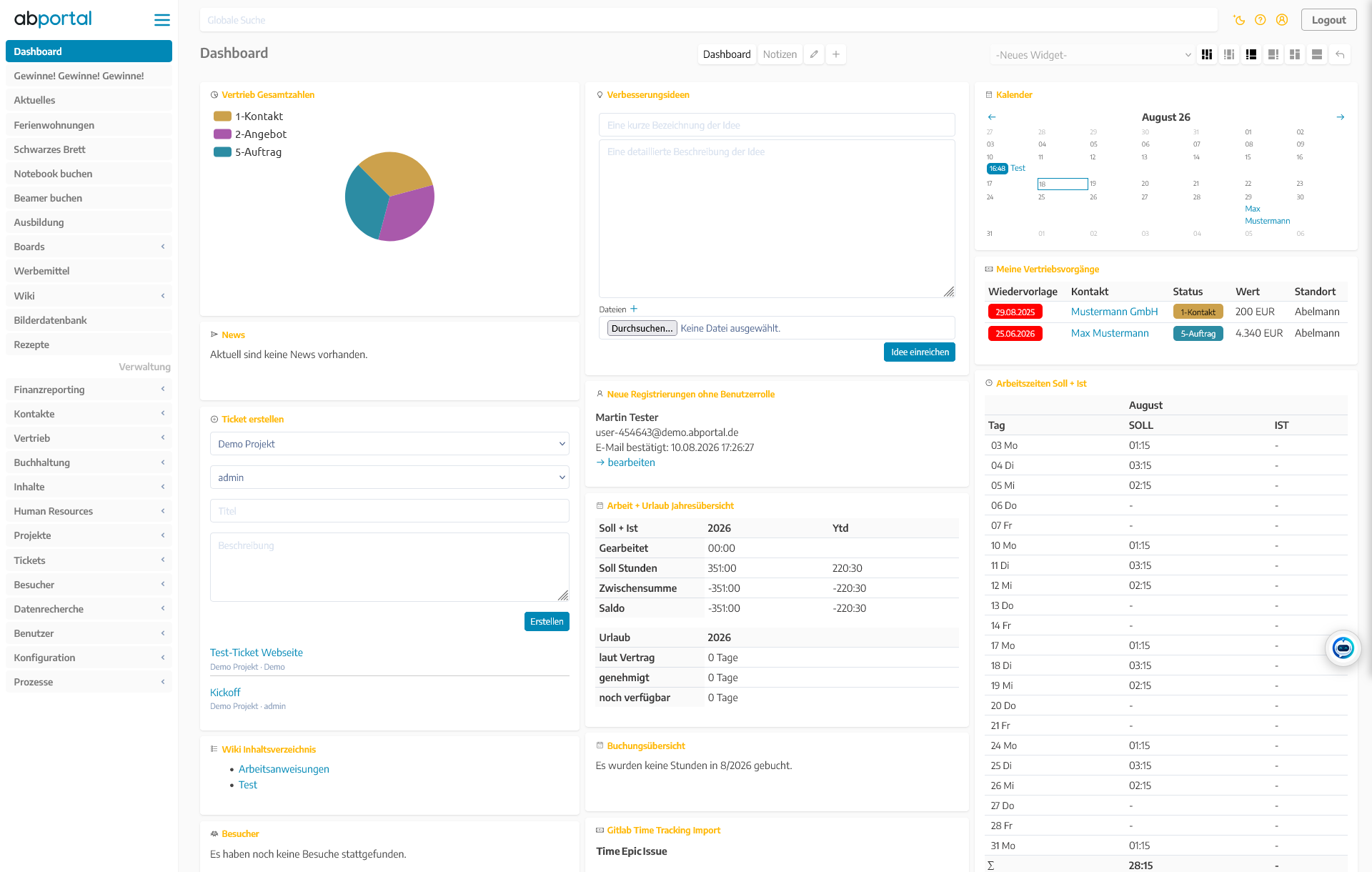 Screenshot des ABPortal-Dashboards mit frei konfigurierbaren Widgets, u. a. einem Vertriebs-Tortendiagramm, Kalender, offenen Vertriebsvorgängen und Arbeitszeiten – auf Basis von Apache ECharts
