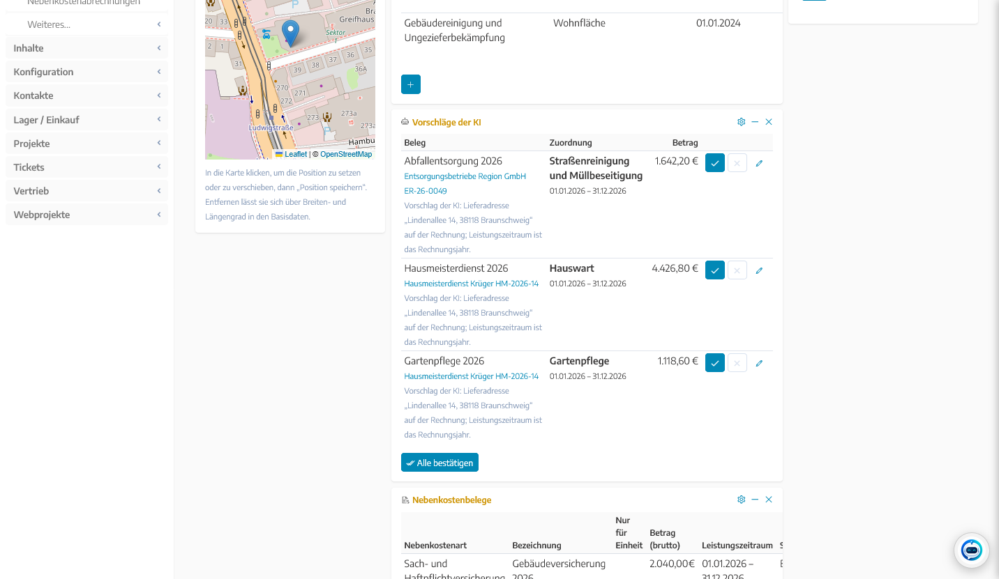 Widget Vorschläge der KI an einer Liegenschaft in ABPortal: Rechnungspositionen mit vorgeschlagener Nebenkostenart, Bestätigen und Alle bestätigen
