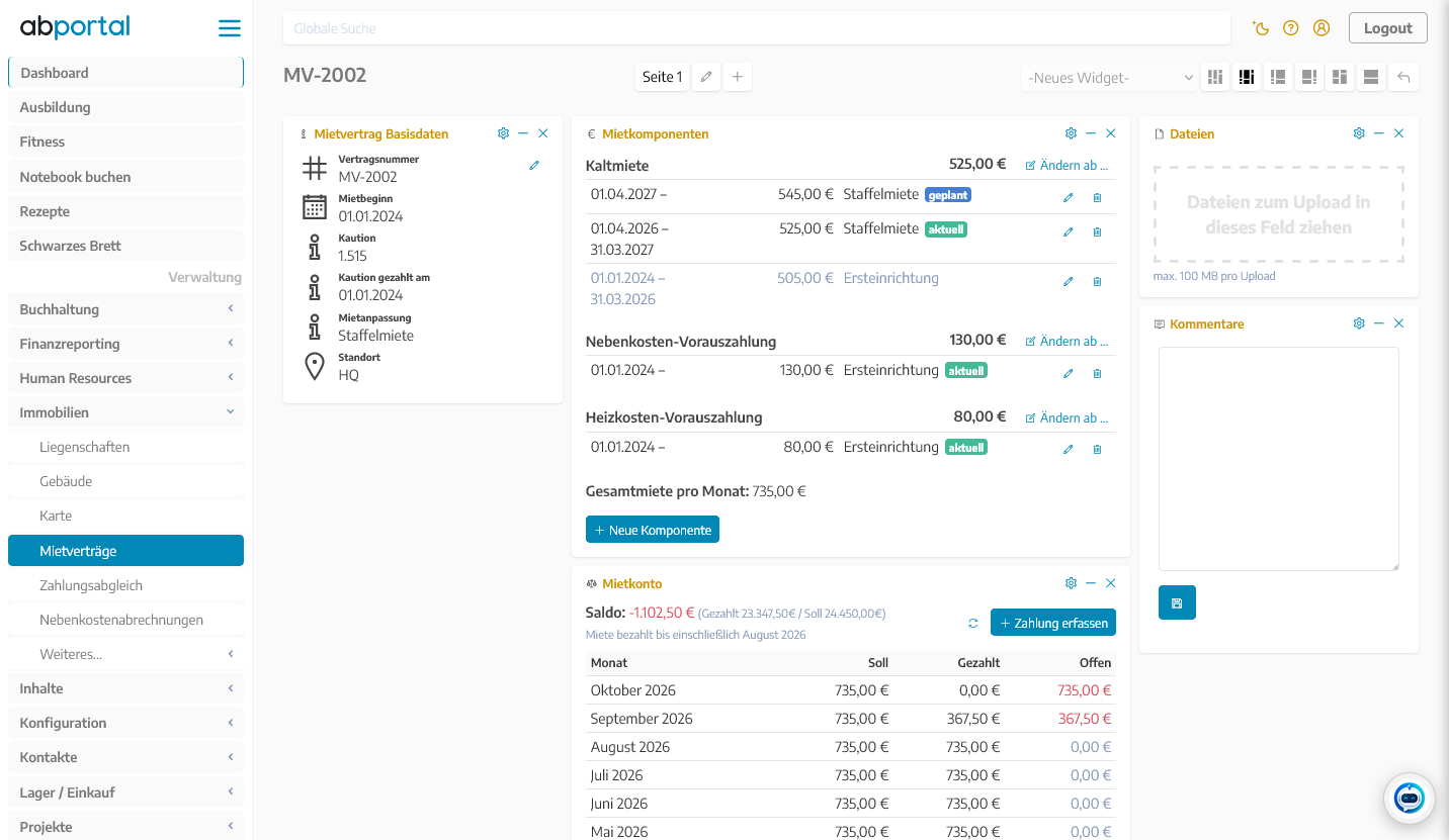 Seite eines Mietvertrags in ABPortal mit Mietkomponenten (Staffelmiete mit aktueller und geplanter Stufe) und Mietkonto mit Saldo und offenen Monaten