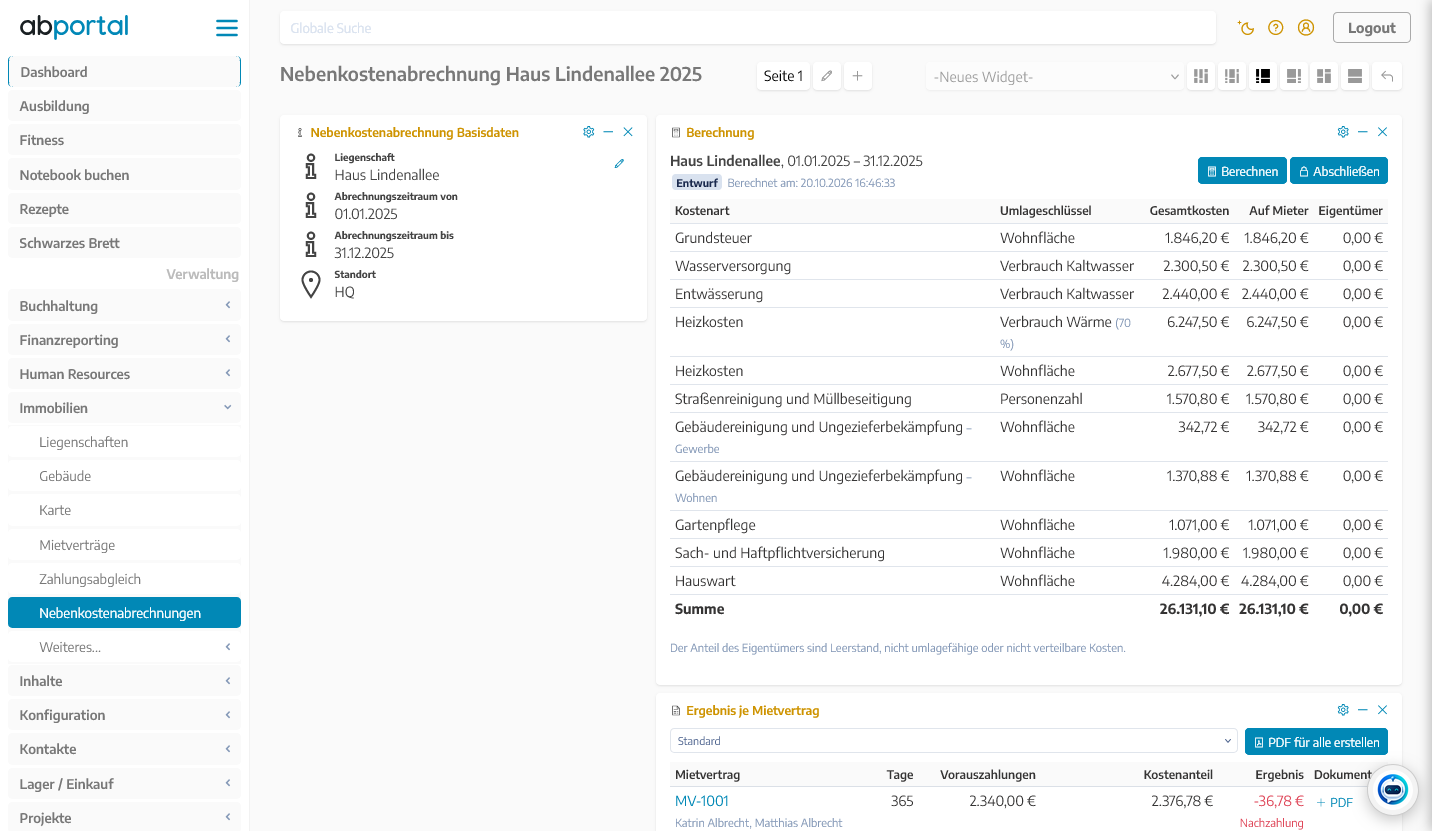 Nebenkostenabrechnung Haus Lindenallee 2025 in ABPortal mit Berechnung der Kostenarten, Umlageschlüsseln und Ergebnis je Mietvertrag