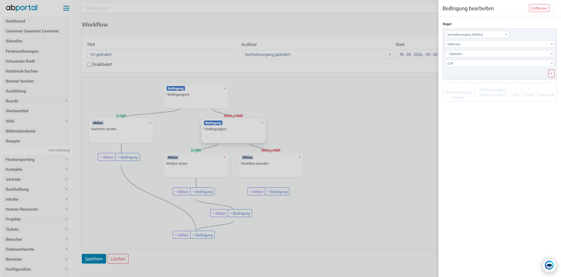 Screenshot des visuellen Workflow-Editors mit verzweigten Bedingungen, Aktionen und einem geöffneten Regel-Editor für eine Vergleichsbedingung